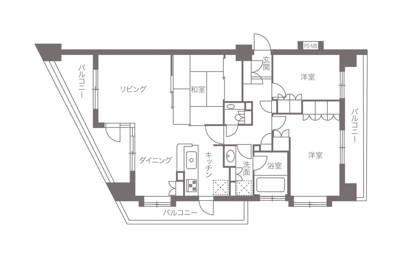 3面採光の角部屋で、間取りは3LDK。購入当時の家族構成は夫婦＋子ども2人でした。