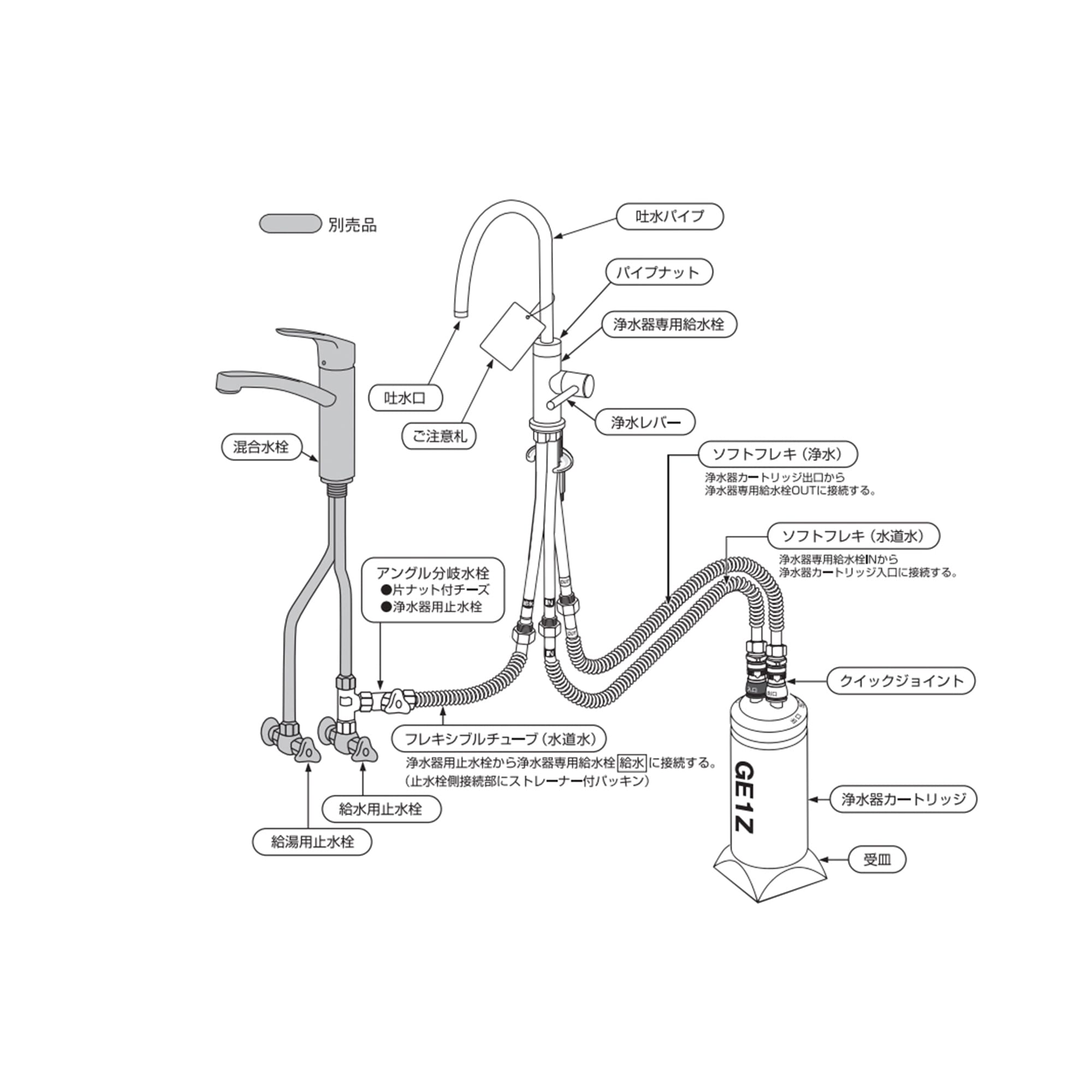 浄水器付き専用単水栓 ベントネック クローム KB-PT002-13W-G270 イラストの水栓はグースネックタイプ