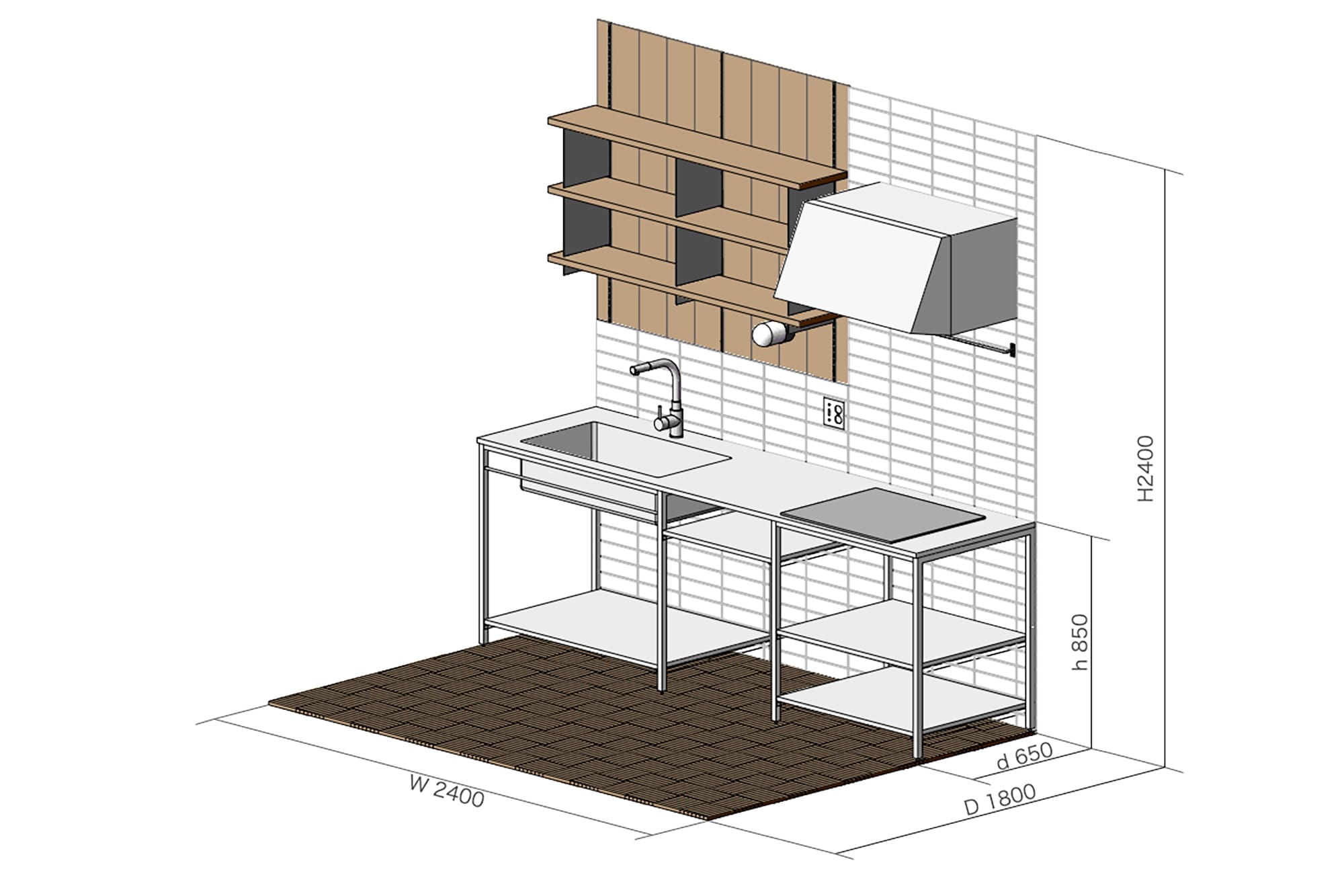 キッチンSETUP-02 W2400 SETUP-KC002-W24 設置想定サイズ：W2400×D1800×H2400mm