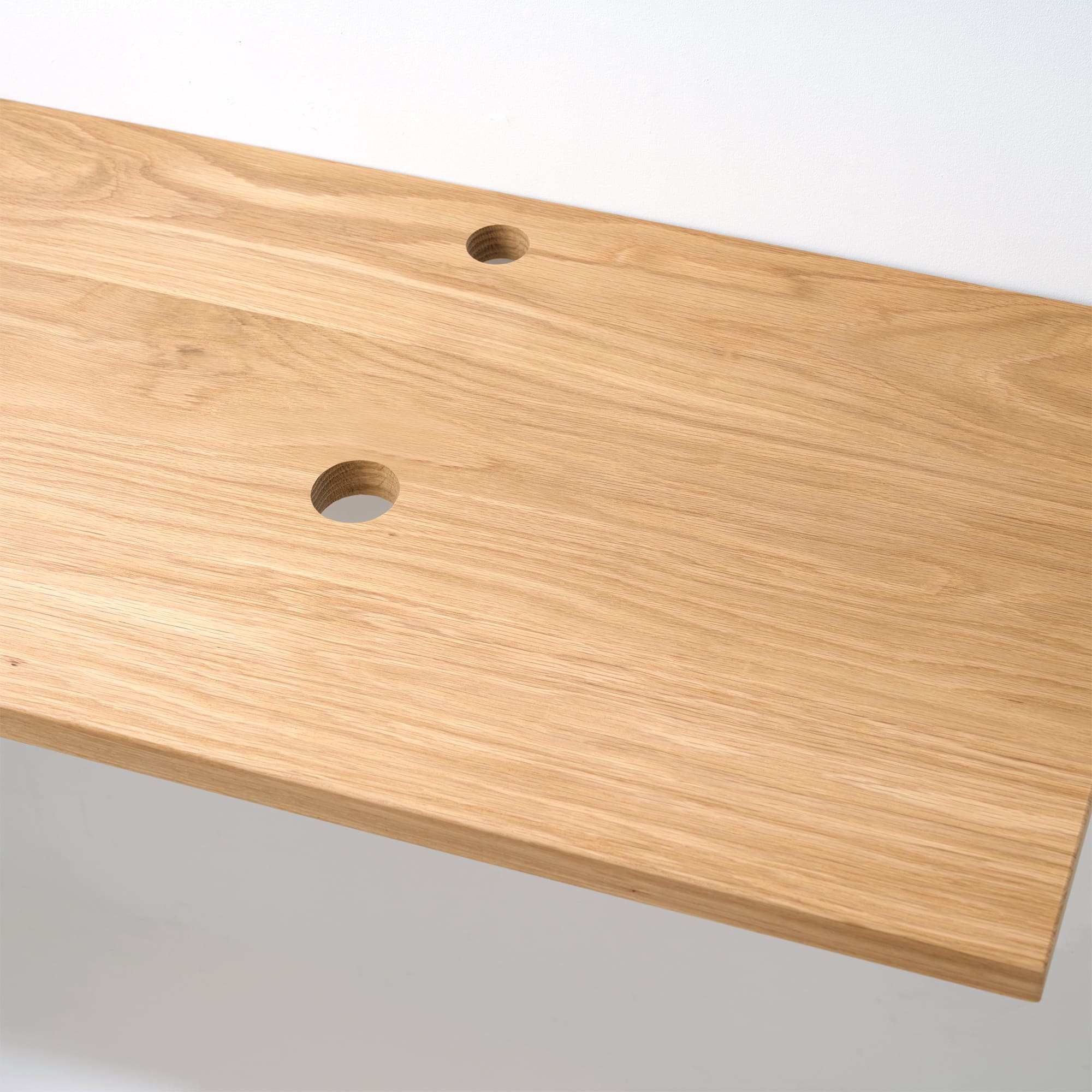 木の手洗いカウンター 陶器の手洗い器 丸350 立水栓用 KB-PR013-04-G165 天板に専用の穴が開口済みで届きます。位置やサイズは図面を確認ください（写真はホワイトオーク 水栓用、排水用開口あり）