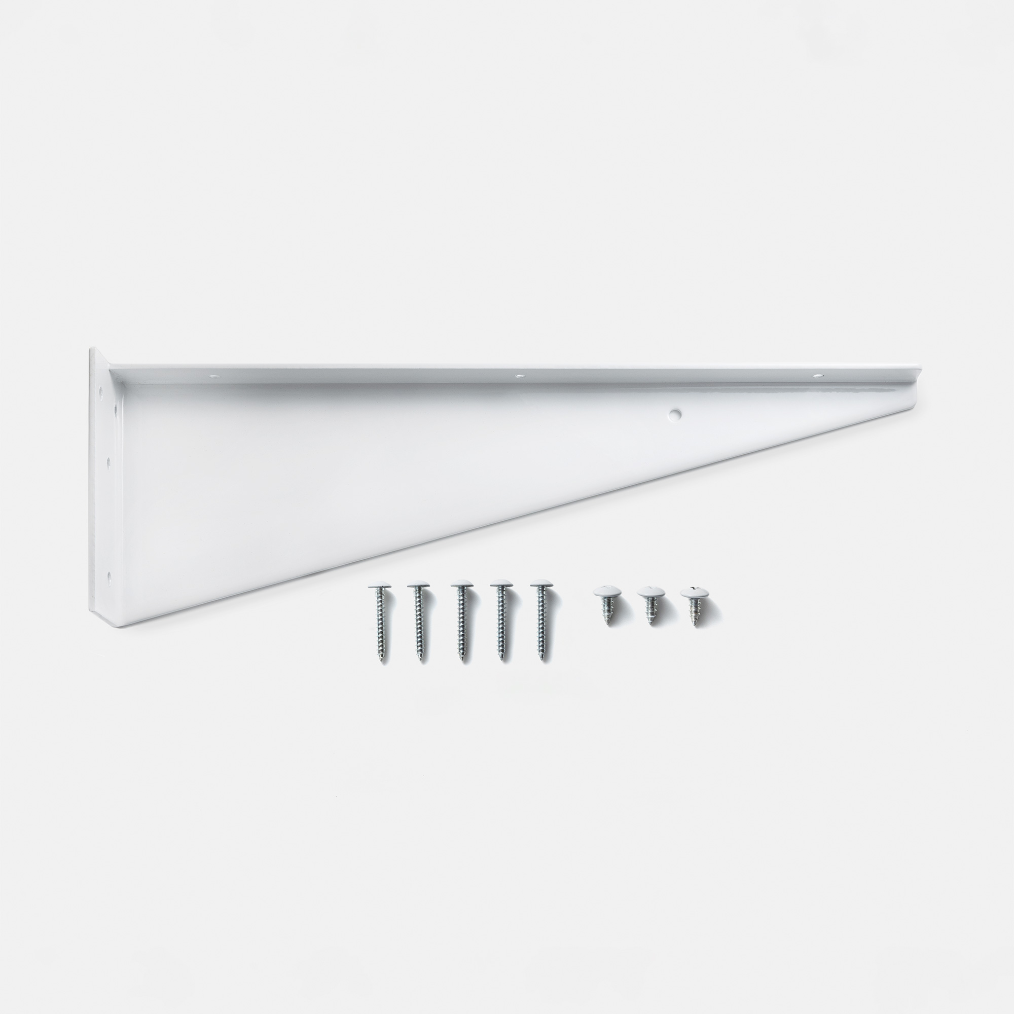 人工大理石の洗面カウンター 三角ブラケット (R) KB-PR014-14-G141 ビスが付属します。側壁がある場合は、三角のプレート面にある丸穴からも補助的に固定が可能です。（側壁がない場合はビスが1本余ります）