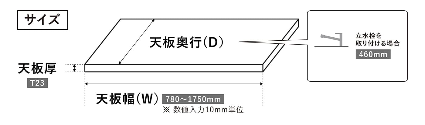 幅は10mm単位でオーダー可能（奥行きは460mmの固定）