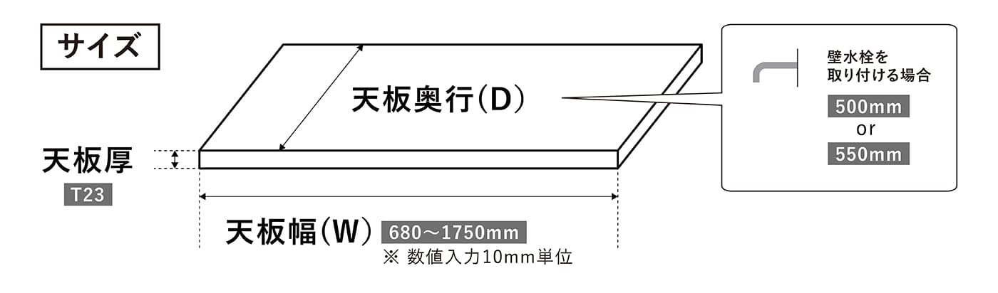 幅は10mm単位、奥行きは500mmまたは550mmの2種類から選べます