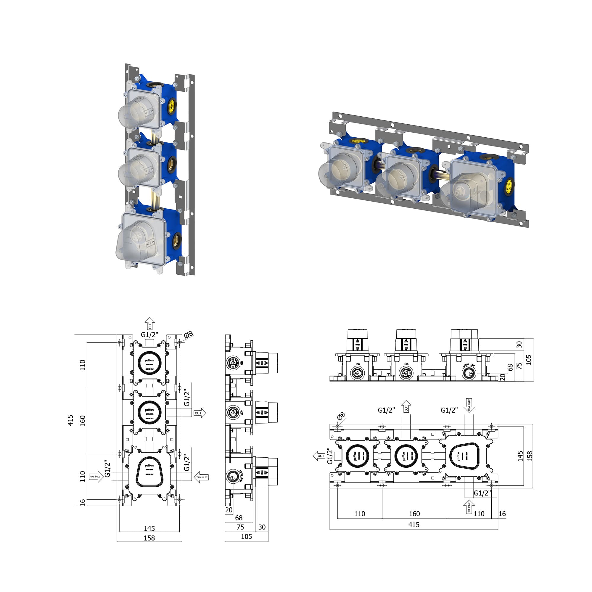 バスシャワー 2way（天吊りヘッド＋ハンド） クローム KB-BT005-07-G141 コントローラーの本体埋込部。※コントローラーを横設置する場合、冷温調整レバーは右になります