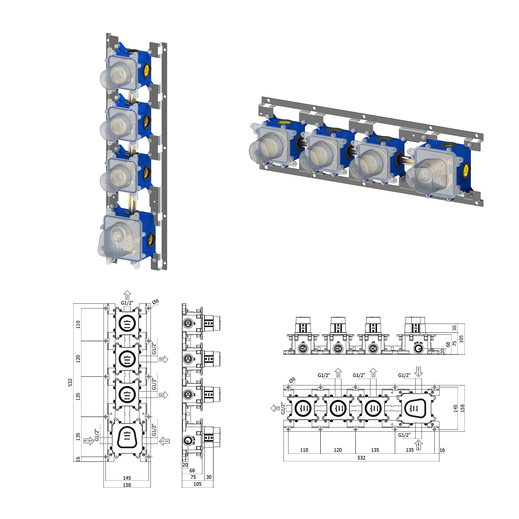 バスシャワー 3way（天吊りヘッド＋ハンド＋スパウト） サテン KB-BT005-05-G141 コントローラーの本体埋込部。※コントローラーを横設置する場合、冷温調整レバーは右になります