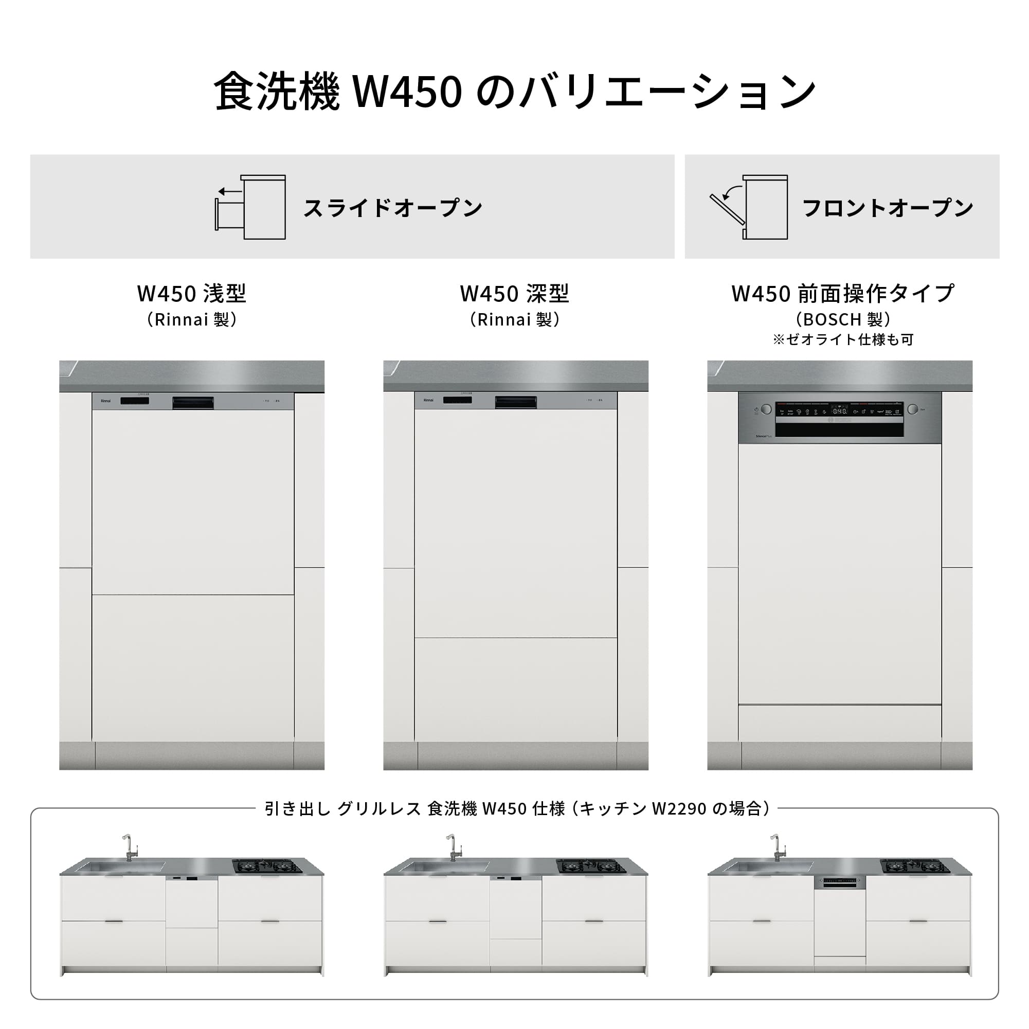 ユニキッチン 引き出し グリルレス 食洗機 W450仕様 KB-KC033-11-G279 食洗機はイラストのスライドオープン式（Rinnai製）の浅型か深型タイプ、もしくは海外製のフロントオープンタイプ（Bosch製）が選択可能です。食洗機本体は別途食洗機のぺージよりご購入ください