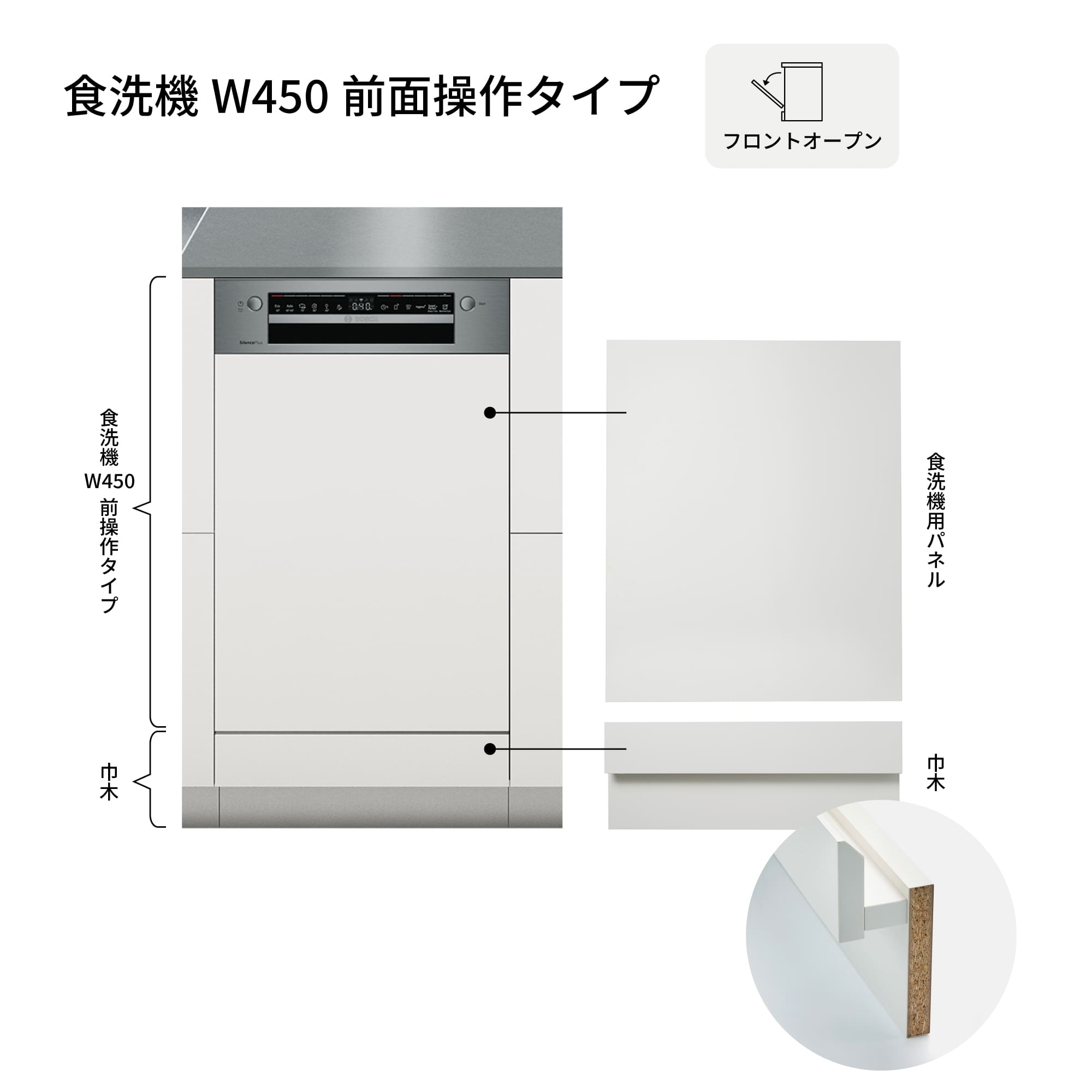 ユニキッチン 引き出し 食洗機 W450仕様 KB-KC033-08-G279 食洗機用の面材・巾木が付きます。食洗機本体は別途食洗機のぺージよりご購入ください