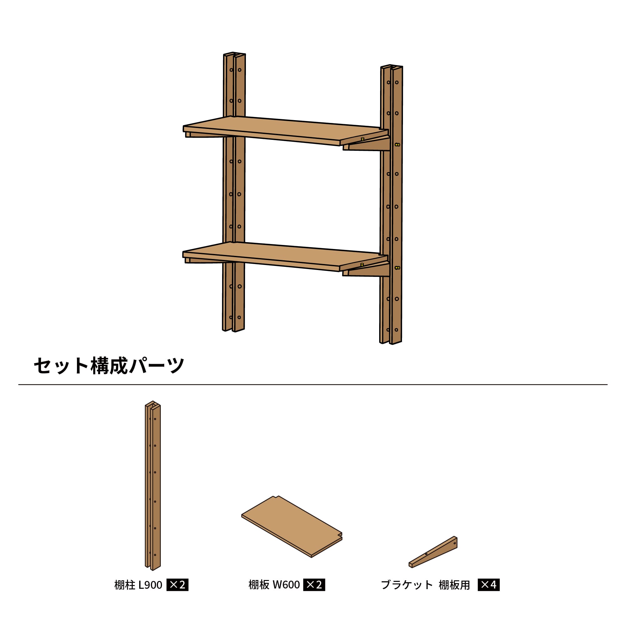 木製シェルビング 棚セット W600  PS-BK009-51-G289 棚柱2本・W600棚板2枚・棚板用ブラケットが4本のセットです