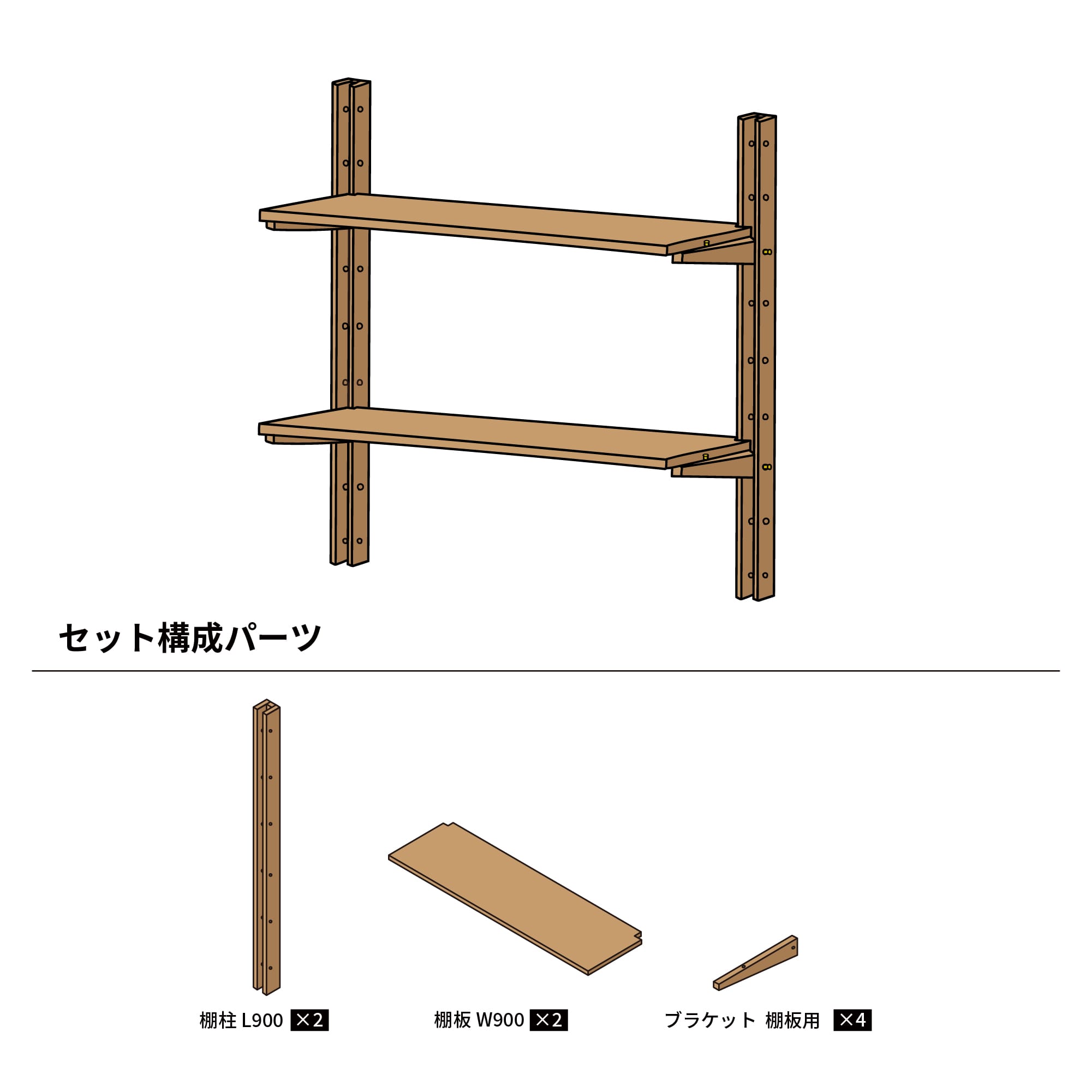 木製シェルビング 棚セット W900  PS-BK009-52-G289 棚柱2本・W900棚板2枚・棚板用ブラケットが4本のセットです