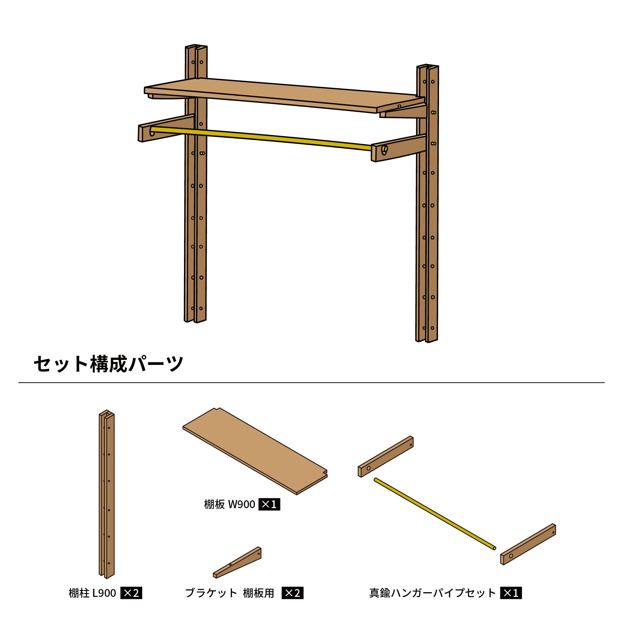 木製シェルビング 真鍮ハンガーパイプセット PS-BK009-57-G289 棚柱2本・W900棚板1枚・棚板用ブラケット2本・真鍮ハンガーパイプのセットです