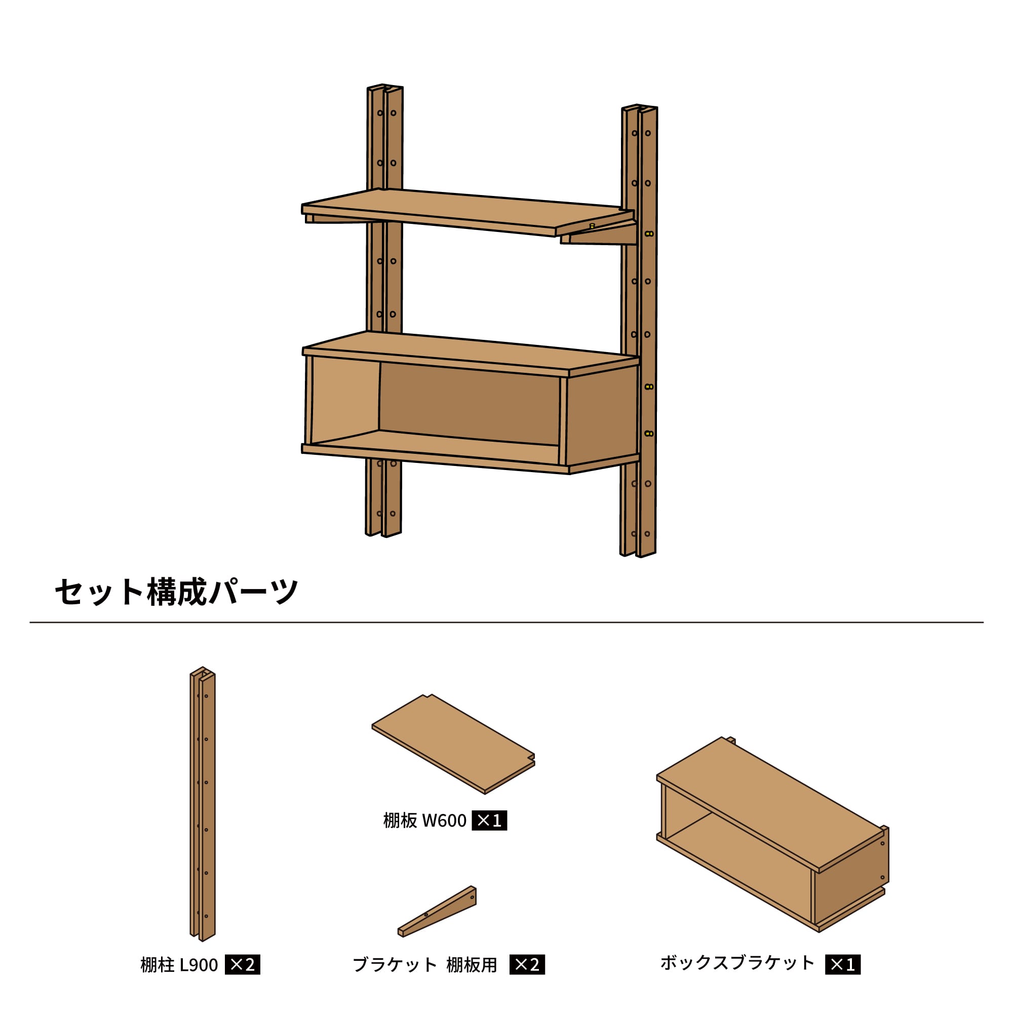 木製シェルビング ボックスセット PS-BK009-58-G289 棚柱2本・W600棚板1枚・棚板用ブラケット2本・ボックスのセットです