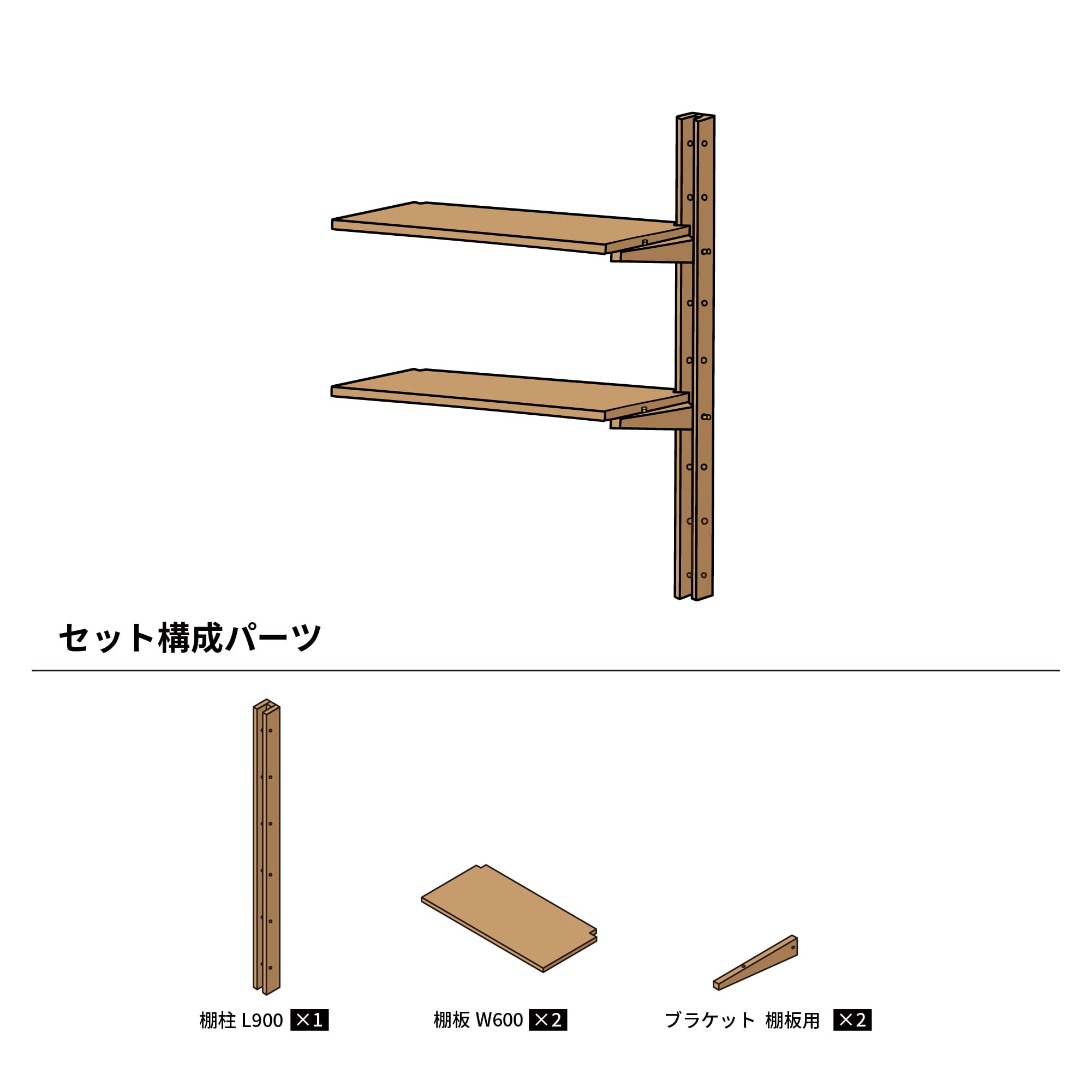 木製シェルビング 連結棚セット W600  PS-BK009-59-G289 棚柱1本・W600棚板2枚・棚板用ブラケットが2本のセットです