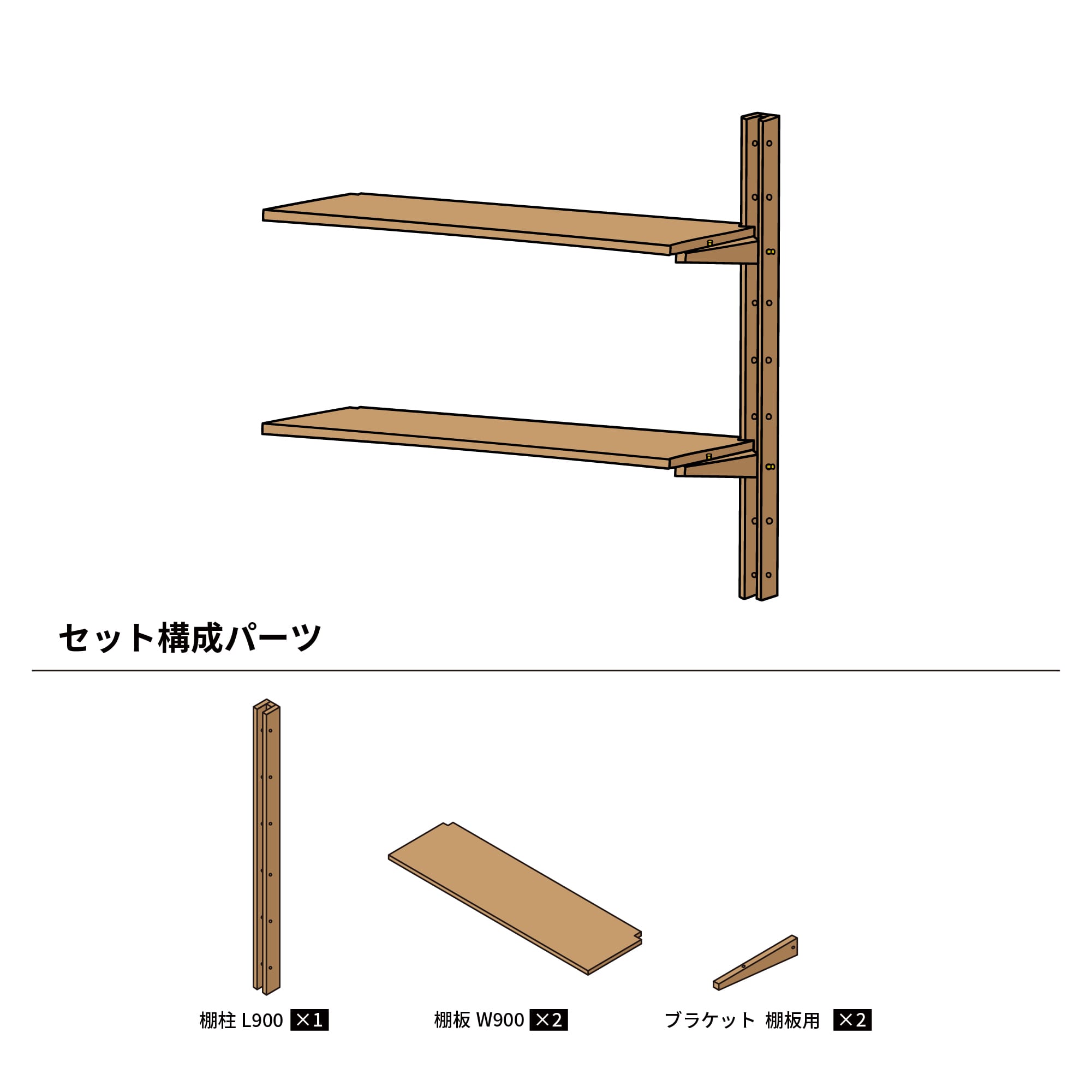 木製シェルビング 連結棚セット W900  PS-BK009-60-G289 棚柱1本・W900棚板2枚・棚板用ブラケットが2本のセットです