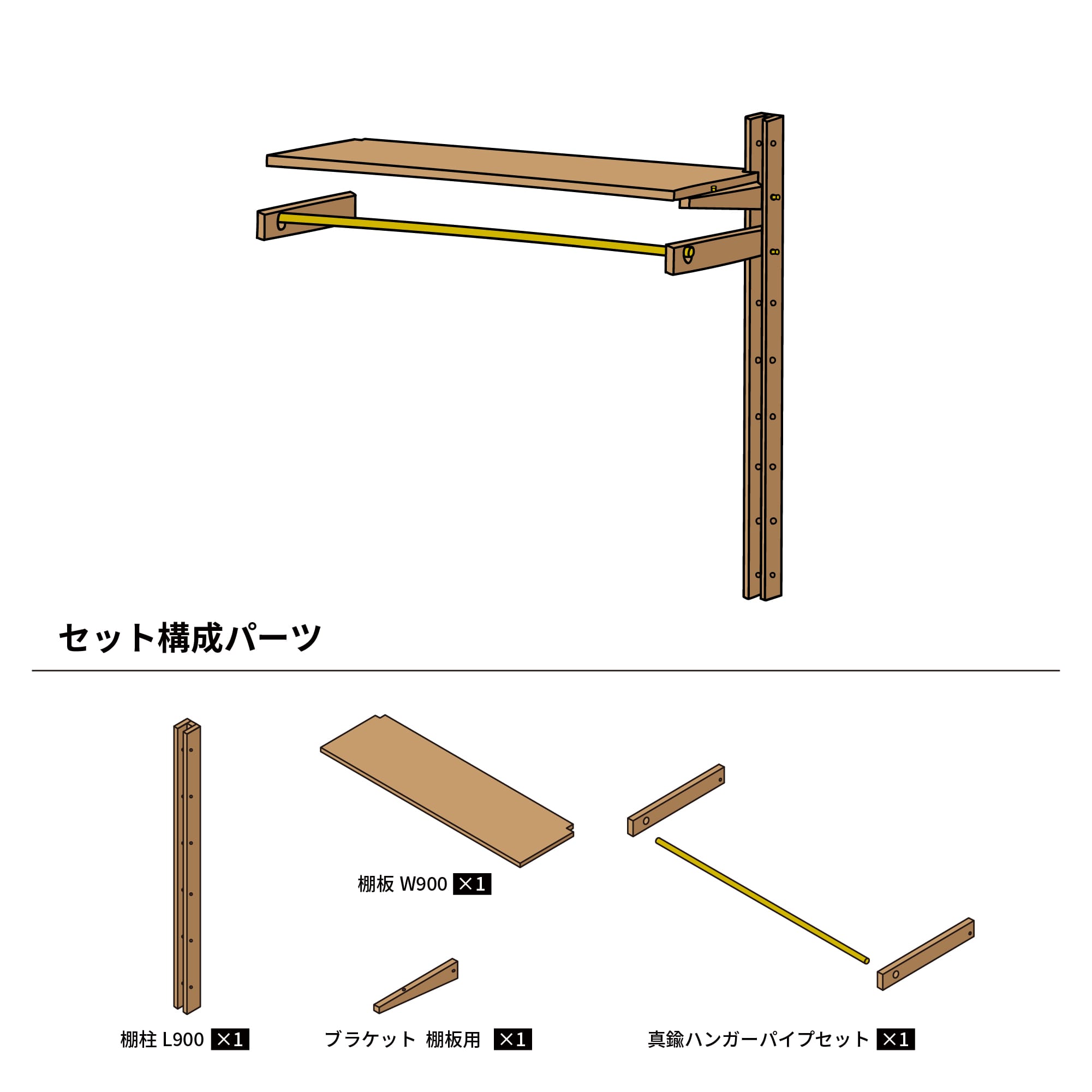 木製シェルビング 連結真鍮ハンガーパイプセット PS-BK009-61-G289 棚柱1本・W900棚板1枚・棚板用ブラケット2本・真鍮ハンガーパイプのセットです