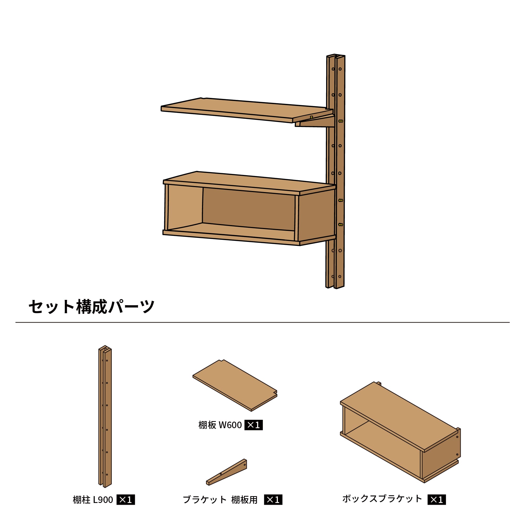 木製シェルビング 連結ボックスセット PS-BK009-62-G289 棚柱1本・W600棚板1枚・棚板用ブラケット1本・ボックスのセットです