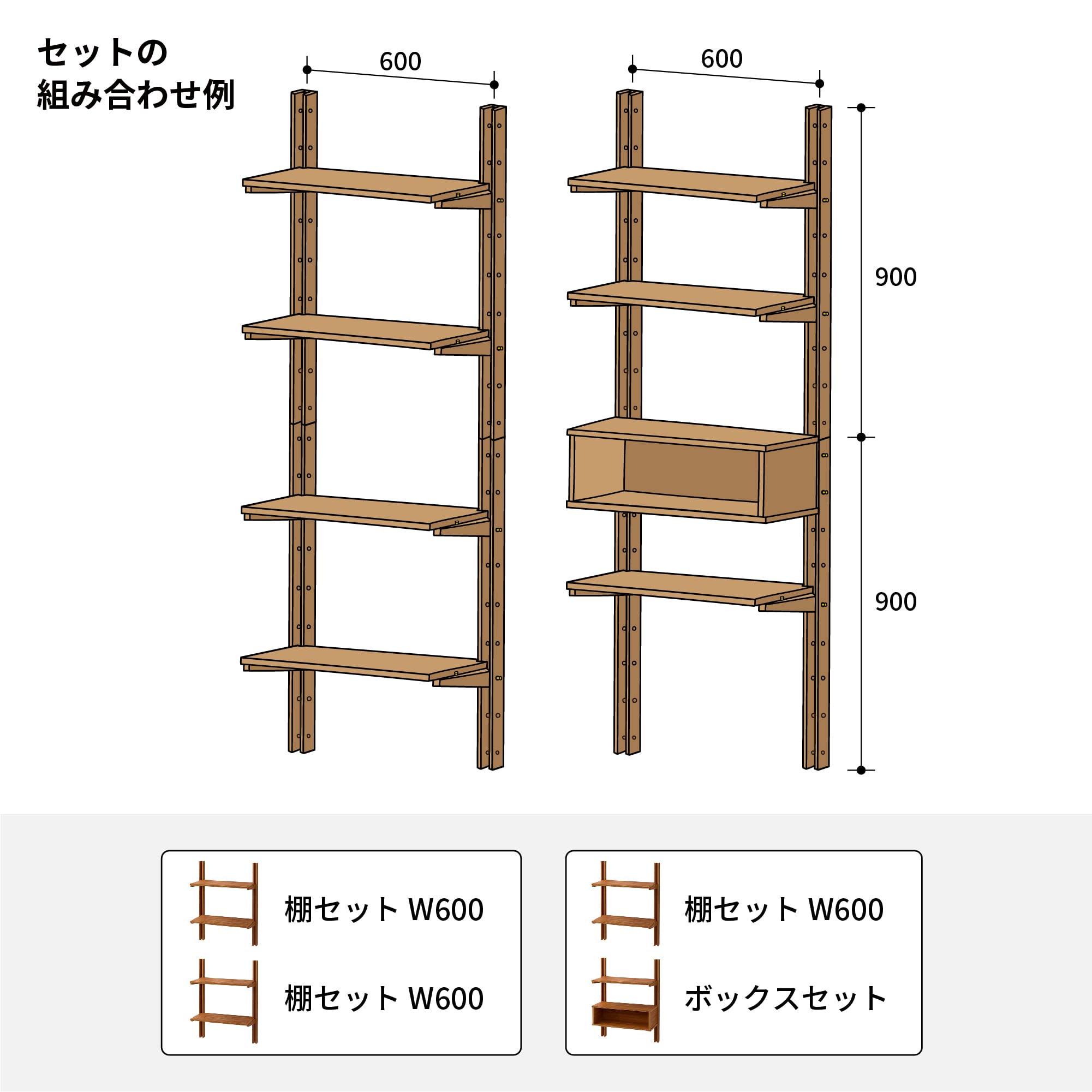 木製シェルビング 棚セット W600  PS-BK009-51-G289 W600の棚セットを上下に連結することで、高さ1.8mの棚にすることが可能