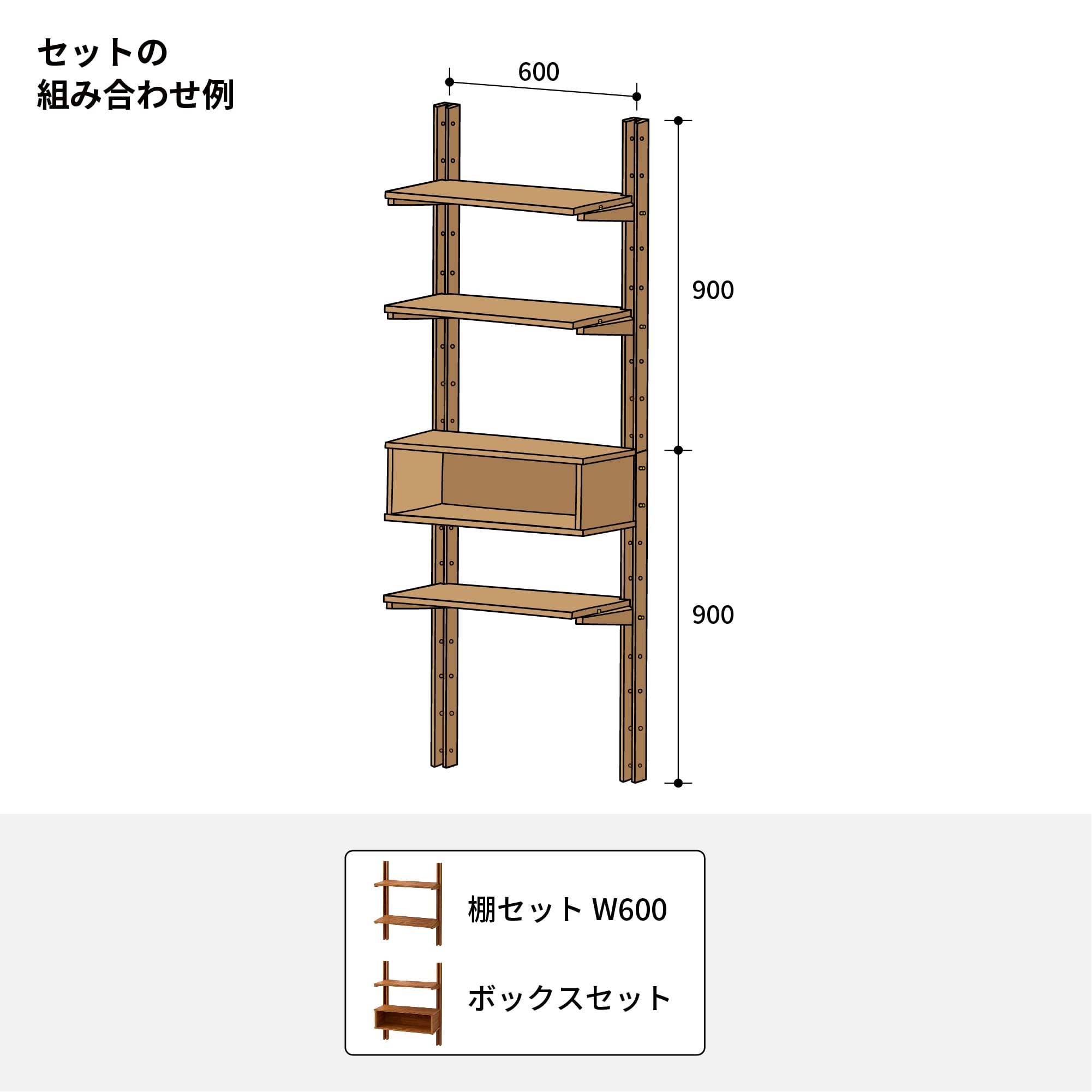 木製シェルビング ボックスセット PS-BK009-58-G289 基本セットを上下で組み合わせると高さ1.8mの壁一面の棚にできます。別売の棚板・ブラケットで棚を追加することも可能