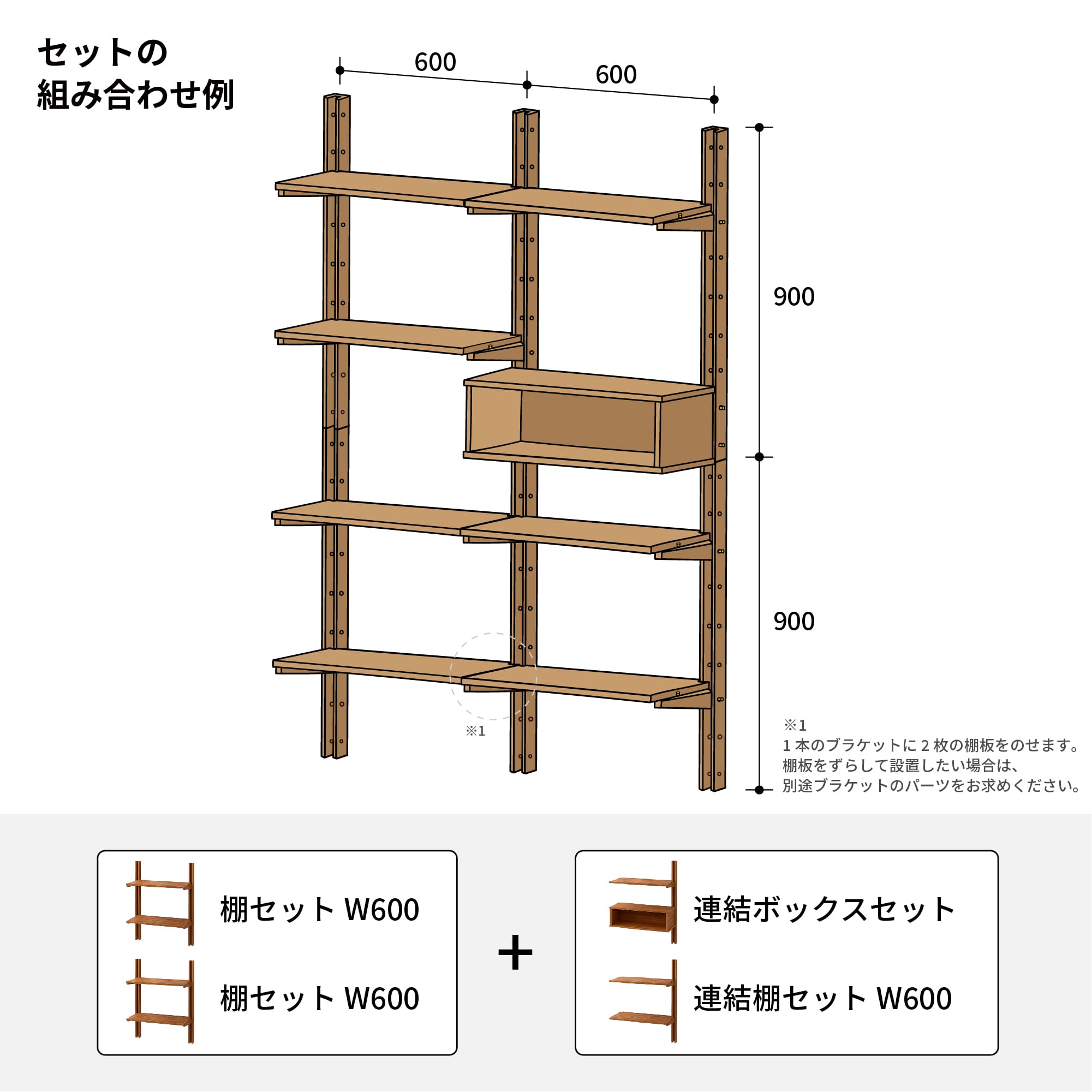 木製シェルビング 連結棚セット W600  PS-BK009-59-G289 W600の棚セット2組+連結ボックスセット+連結棚セットW600の組み合わせ例