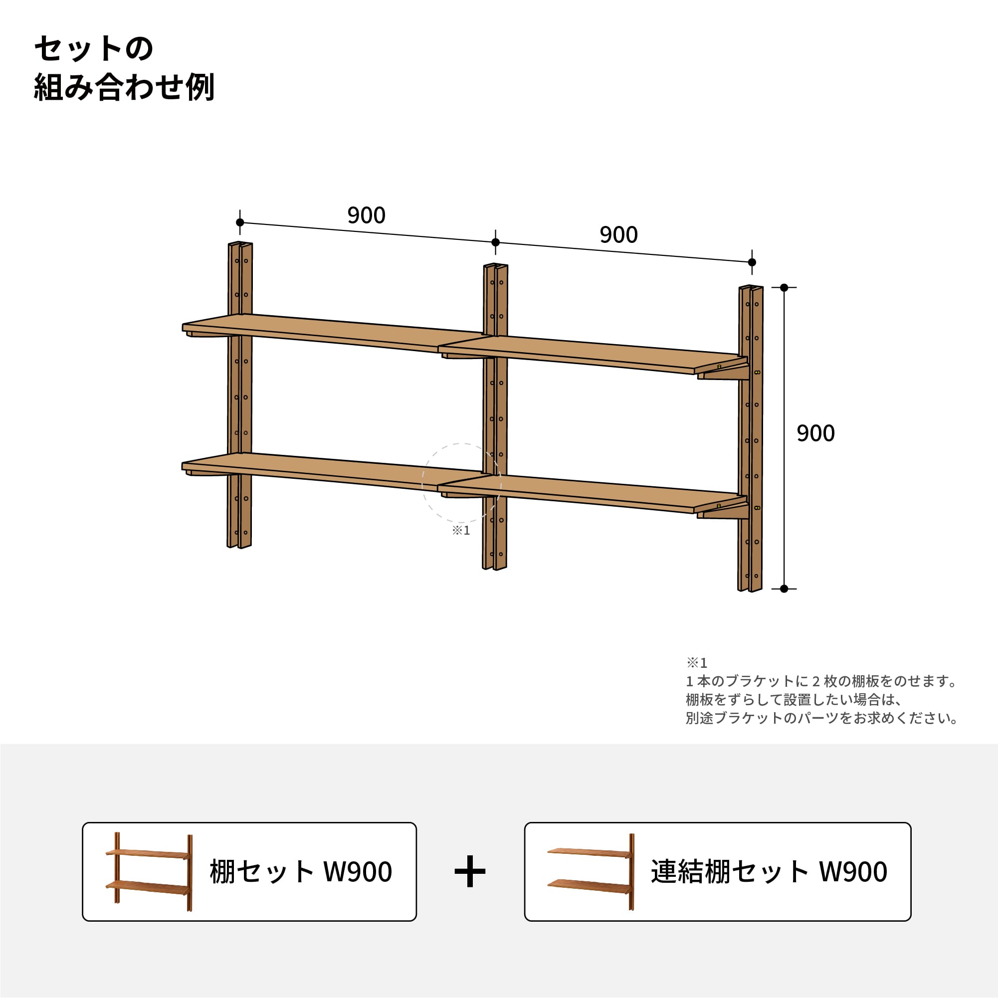 木製シェルビング 棚セット W900  PS-BK009-52-G289 基本セットと連結セットを組み合わせて幅の拡張が可能です。W600の棚セットと連結棚セットW600を組み合わせた例