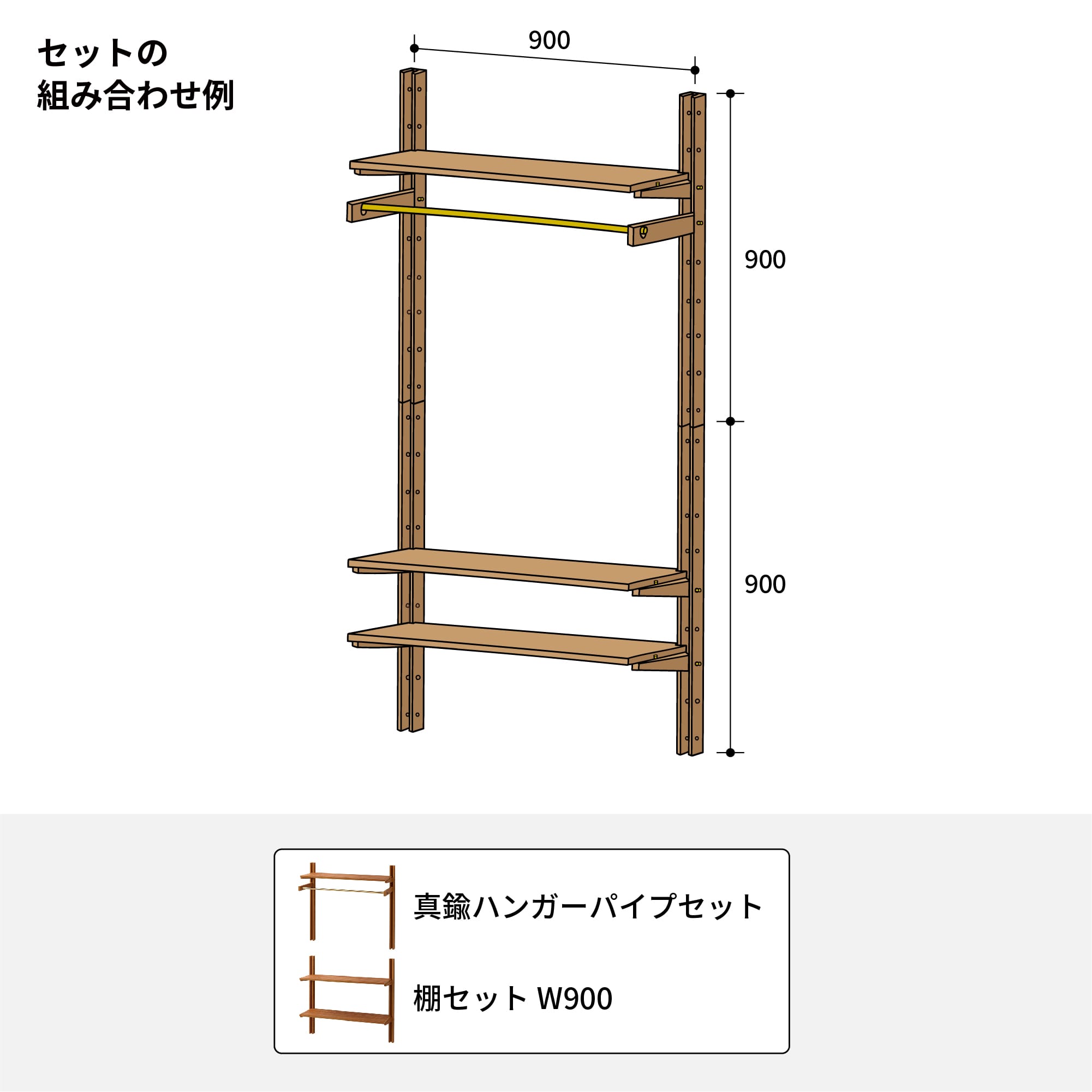 木製シェルビング 真鍮ハンガーパイプセット PS-BK009-57-G289 基本セットを上下で組み合わせると高さ1.8mの壁一面の棚にできます。別売の棚板・ブラケットで棚を追加することも可能