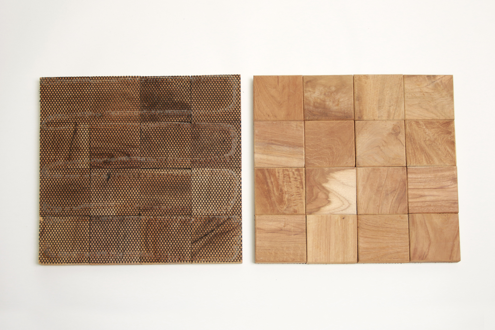 古木タイル スクエア WL-WB003-06-G141 1シート分の裏表。扱いやすい正方形の形状。裏にはメッシュシートが貼ってあります