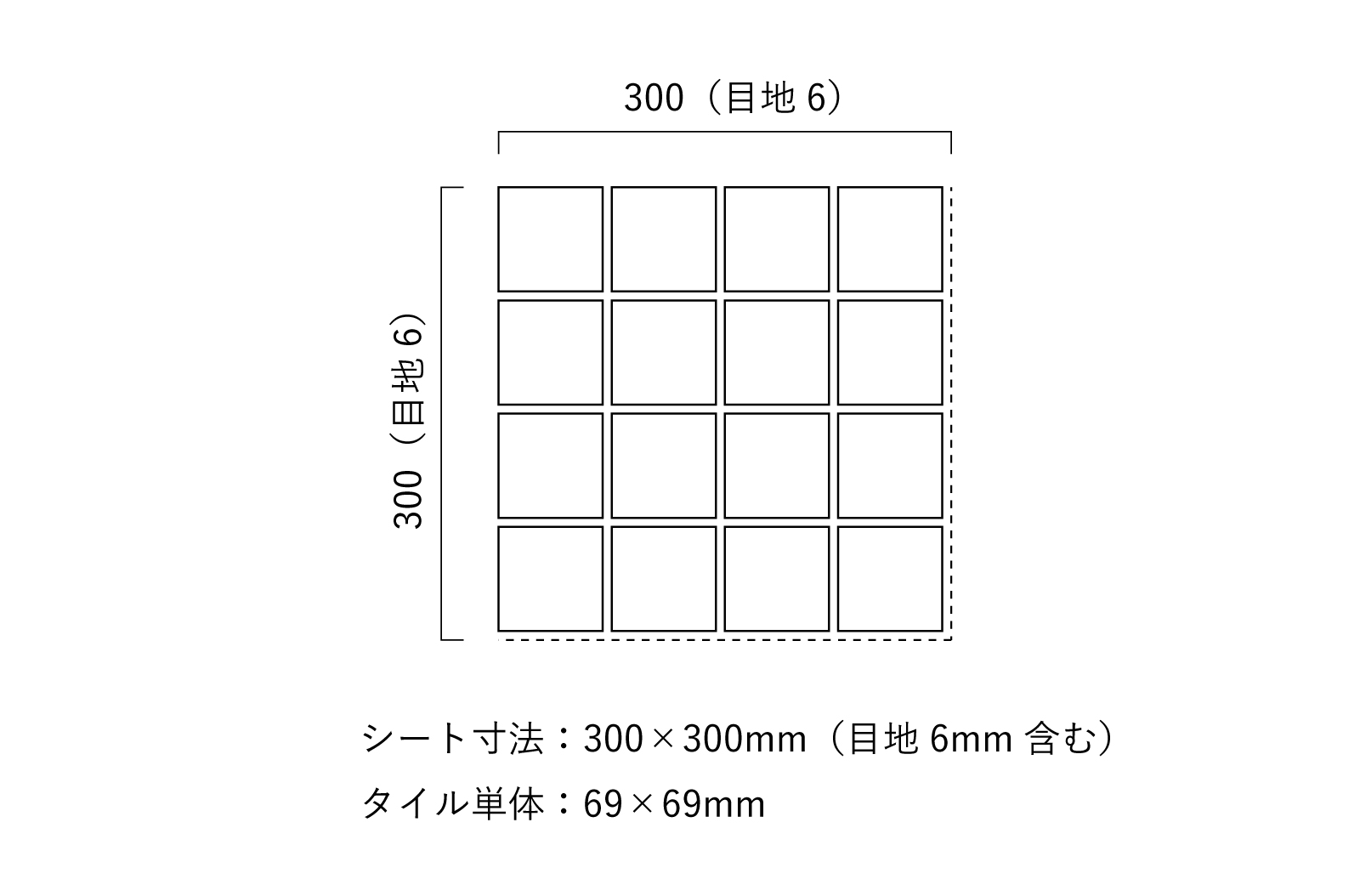 古窯70角タイル パールホワイト（ケース） WL-TL012-01-G141 シート寸法